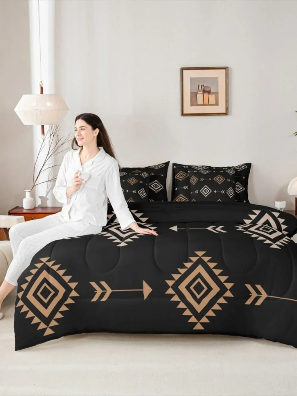 Boho Western Comforter Set with Sheets Brown Black Southwestern Aztec Tribal Que